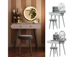 Hocker^Vicco Schminktisch Edda 80 cm mit LED Beleuchtung und Hocker