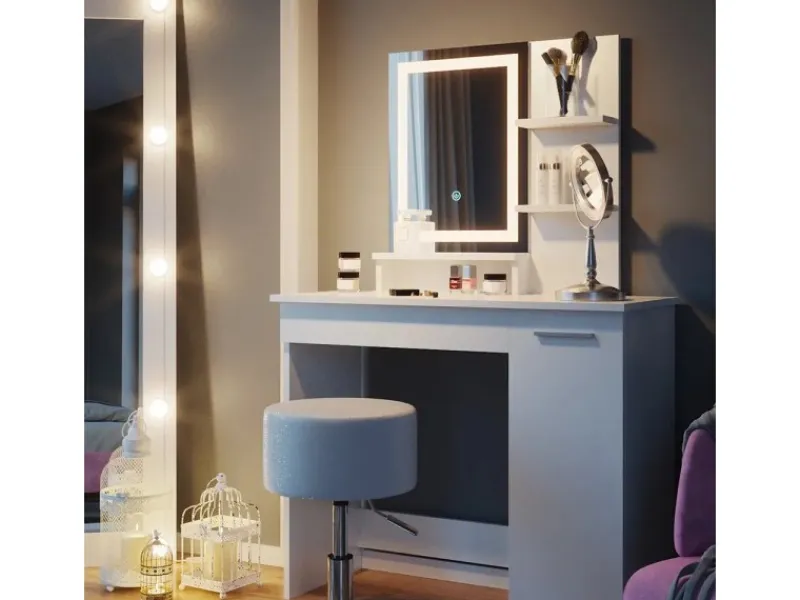 Vicco Schminktisch Julia Weiß 90 cm mit LED-Spiegel und Hocker