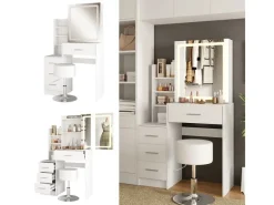 Hocker^Vicco Schminktisch Lisca Weiß 80 cm mit LED-Spiegel und Hocker