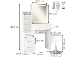 Hocker^Vicco Schminktisch Lisca Weiß 80 cm mit LED-Spiegel und Hocker