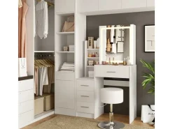 Hocker^Vicco Schminktisch Lisca Weiß 80 cm mit LED-Spiegel und Hocker