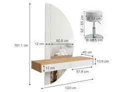 Hocker^Vicco Schminktisch Melisa Weiß/Eiche 120 cm mit LED Beleuchtung und Hocker