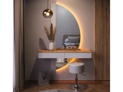 Hocker^Vicco Schminktisch Melisa Weiß/Eiche 120 cm mit LED Beleuchtung und Hocker