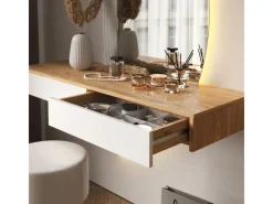 Hocker^Vicco Schminktisch Melisa Weiß/Eiche 120 cm mit LED Beleuchtung und Hocker