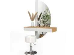 Hocker^Vicco Schminktisch Melisa Weiß/Eiche 120 cm mit LED Beleuchtung und Hocker