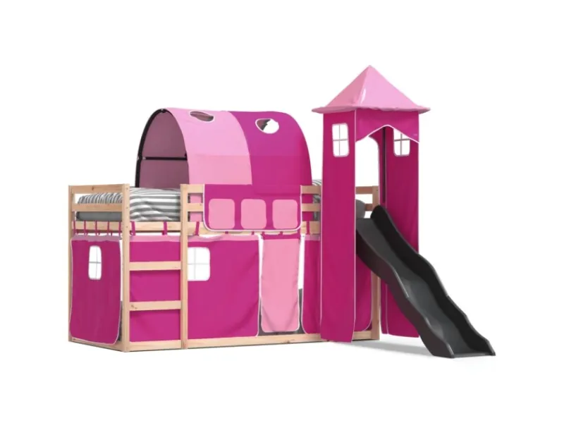 Betten^vidaXL Etagenbett mit Rutsche und Gardinen Rosa 80x200 cm2101526