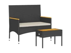 vidaXL Gartenbank 2-Sitzer mit Kissen und Tisch Schwarz Poly Rattan