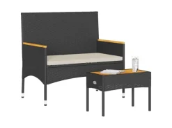 vidaXL Gartenbank 2-Sitzer mit Kissen und Tisch Schwarz Poly Rattan