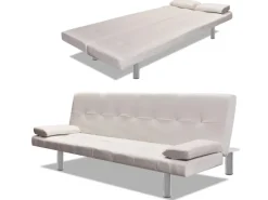 Sofas^vidaXL Schlafsofa mit 2 Kissen Kunstleder Ausziehbar Cremeweiß