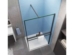 Sale AICA 140x200cm Walk In Schwarz Aluminiumrahmen Duschwand mit Duschregal Handtuchhalter mit Stabilisator Duschabtrennung 8mm NANO Glass F084B