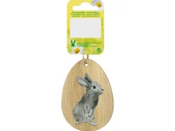 Anhänger Hasenmotiv Eiform Holz 6,1 cm x 8,5 cm Natur-Grau