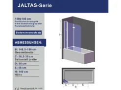 Aquabatos Badewannenfaltwand 150 x 140 cm 3tlg. Badewannenaufsatz Dusche Duschabtrennung Duschwand für Badewanne 5mm ESG Echtglas