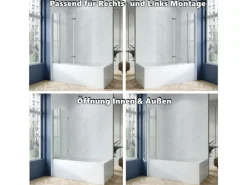 Aquabatos Badewannenfaltwand 150 x 140 cm 3tlg. Badewannenaufsatz Dusche Duschabtrennung Duschwand für Badewanne 5mm ESG Echtglas