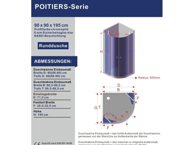 New Aquabatos Runddusche 90 x 90 x 195 cm Duschkabine Duschwand Viertelkreis Duschabtrennung mit Eckregale Pendeltür 6 mm NANO ESG Sicherheitsgals