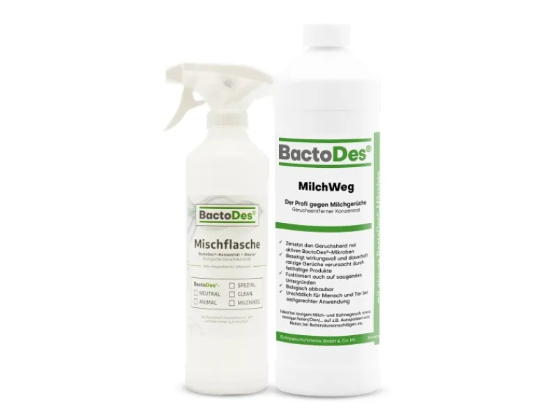 Best BactoDes MilchWeg Reiniger und Entferner Gegen Milchgeruch Buttersäure Fett- und Ölhaltige Produkte in 1L Flasche mit Misch- und Sprühflasche