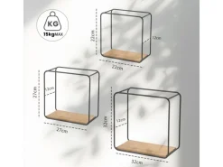 BERLINLODGE Wandregal Metall/Bambus 3er Set Schweberegal 3-Teiliges Hängeregal Würfelregal Schrankregal Wanddeko Und Ablage Schwarz/Holz