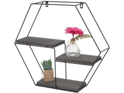 New BERLINLODGE Wandregal Sechseckig HxBxT 43x49x11cm 3 Regalböden Metall Massiv-Holz Industrial Dunkel Hängeregal Schweberegal Regal Grau