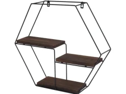 BERLINLODGE Wandregal Sechseckig HxBxT 43x49x11cm 3 Regalböden Metall Massiv-Holz Industrial Dunkel Hängeregal Schweberegal Regal