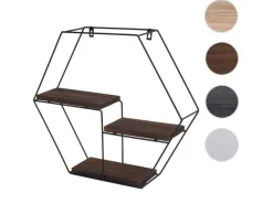 BERLINLODGE Wandregal Sechseckig HxBxT 43x49x11cm 3 Regalböden Metall Massiv-Holz Industrial Dunkel Hängeregal Schweberegal Regal