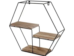 BERLINLODGE Wandregal Sechseckig HxBxT 43x49x11cm 3 Regalböden Metall Massiv-Holz Industrial Hängeregal Schweberegal Regal