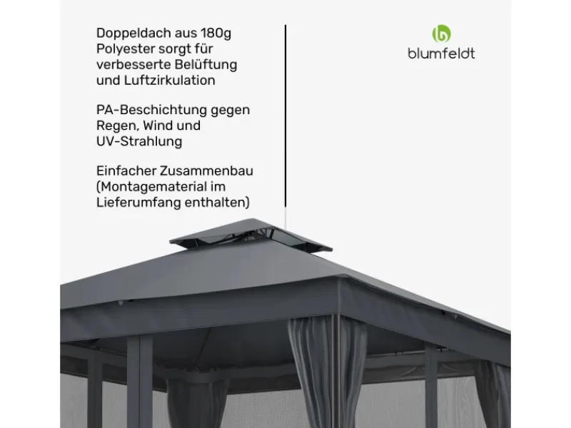 Hot Blumfeldt Mondo Dual 3x3 m Pavillon mit Doppeldach und Moskitonetzen Dunkelgrau