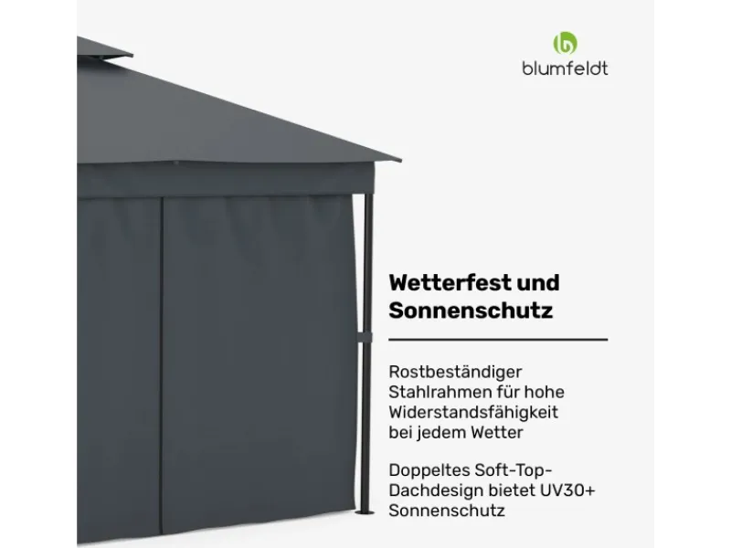 Hot Blumfeldt Mondo Dual 3x3 m Pavillon mit Doppeldach und Moskitonetzen Dunkelgrau