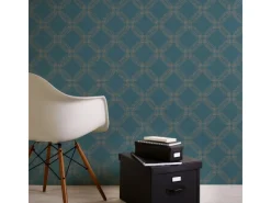 Bricoflor Art Deco Tapete in Blau Gold Retro Vliestapete Geometrisch für Wohnzimmer und Esszimmer Vlies Mustertapete mit Geometrie Design