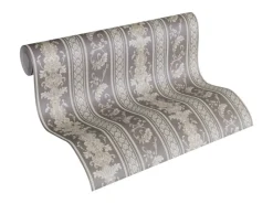 Bricoflor Barock Vliestapete mit Vinyl Abwaschbare Tapete mit Ornamenten Streifen in Silber Grau Elegante Vlies Barocktapete Gestreift für Esszimmer