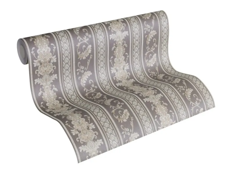 Bricoflor Barock Vliestapete mit Vinyl Abwaschbare Tapete mit Ornamenten Streifen in Silber Grau Elegante Vlies Barocktapete Gestreift für Esszimmer