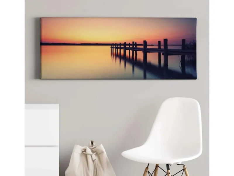 Bricoflor Bild Mit Steg Ins Wasser Schlafzimmer Wandbild Mit Romantischem Sonnenuntergang Landschaft Auf Leinwand In Orange Und Lila
