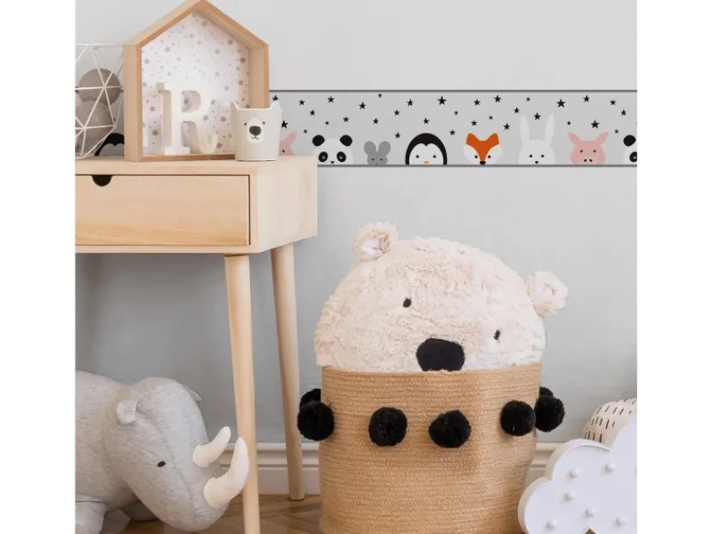 Hot Bricoflor Bordüre mit Sternen Tieren für Kinderzimmer Vlies Tapete mit Hase und Panda für Babyzimmer Selbstklebende Tapetenbordüre Ideal für Kinder