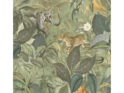 Bricoflor Dschungel Tapete Olivgrün mit Tieren Regenwald Vliestapete mit Leopard Affen Elefanten und Vögeln Ideal für Wohnzimmer