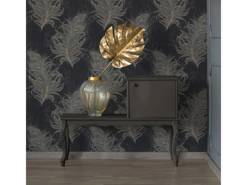Bricoflor 20er Jahre Tapete Schwarz Feder Vliestapete Elegant Ideal für Schlafzimmer und Esszimmer Vlies Mustertapete mit Federn Im Burlesque Stil