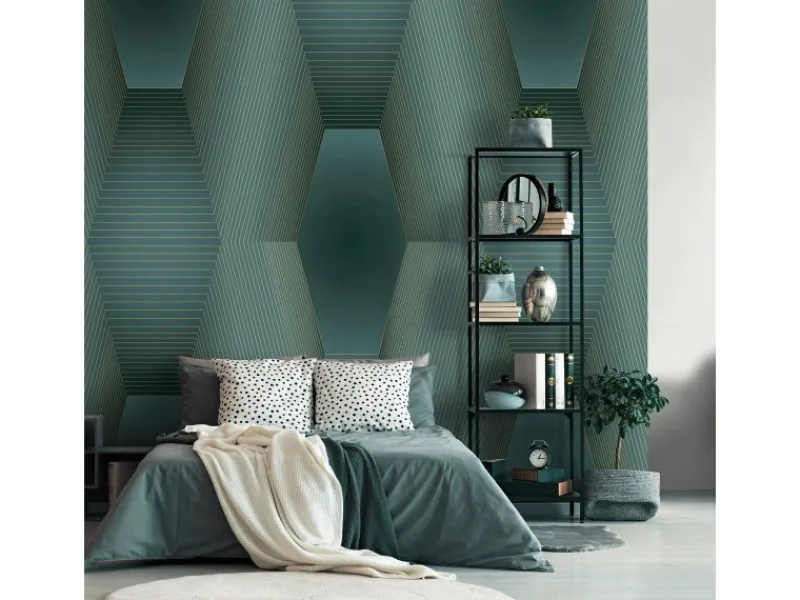 Bricoflor Geometrische Tapete in Petrol Gold 3D Vliestapete Dunkelgrün Ideal für Wohnzimmer und Büro Vlies Fototapete Futuristisch mit Grafik Design