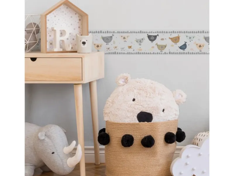 Hot Bricoflor Hühner Tapete für Kinderzimmer in Hellgrau Babyzimmer Bordüre Selbstklebend Vlies Kindertapete mit Tieren Ideal für Jungen und Mädchen