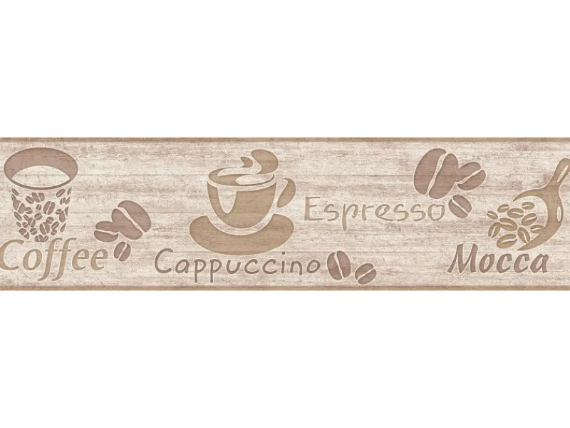 Bricoflor Kaffee Tapete als Bordüre in Beige Küchenbordüre mit Kaffeebohnen und Espresso Papier Tapetenbordüre in Holzoptik Ideal für Küche und Cafe