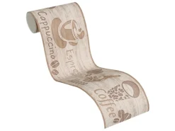 Bricoflor Kaffee Tapete als Bordüre in Beige Küchenbordüre mit Kaffeebohnen und Espresso Papier Tapetenbordüre in Holzoptik Ideal für Küche und Cafe