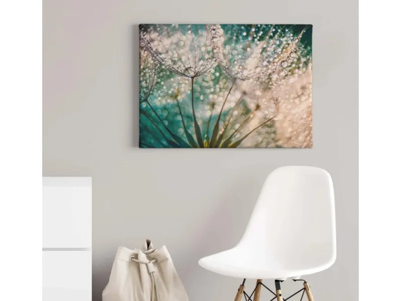 Discount Bricoflor Leinwand Bild Mit Pusteblume Wandbild Mit Pflanze Und Morgentau Schlafzimmer Und Badezimmer Bild Im Wellness Stil In Türkis Und Weiß
