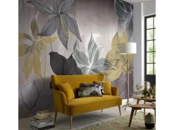 Hot Bricoflor Lilien Tapete Grafisch Vlies Fototapete mit Blumen in Grau Gold Ideal für Wohnzimmer und Schlafzimmer Florale Vliestapete Ausgefallen