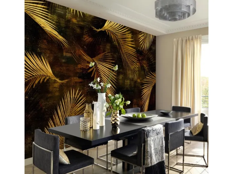 Online Bricoflor Palmenblätter Tapete Schwarz Gold Vlies Fototapete mit Farn Design Tropische Bildtapete mit Blättern Ideal für Wohnzimmer und Schlafzimmer