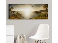 Bricoflor Panorama Bild Mit Insel Motiv Dschungel Leinwand Bild Mit Meer Motiv Ideal Für Wohnzimmer Grünes Wandbild Mit Palmen Und Adler