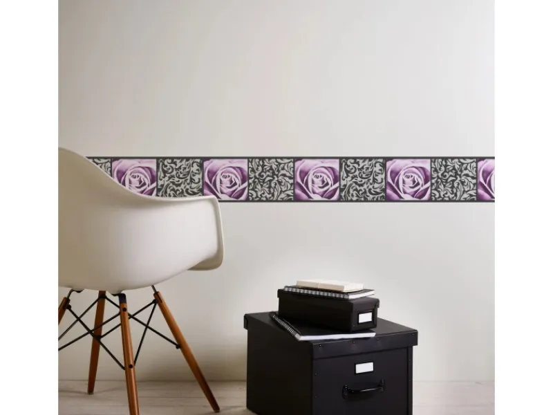 Outlet Bricoflor Selbstklebende Bordüre in Lila Rosen Tapeten Bordüre in Flieder Ideal für Schlafzimmer und Badezimmer Vinyl Tapetenbordüre mit Ornament