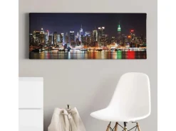 Bricoflor Skyline Von New York Auf Leinwand Modernes Stadt Bild Mit Nacht Motiv Ideal Für Jugend Und Schlafzimmer Urbanes Wandbild In Schwarz Blau