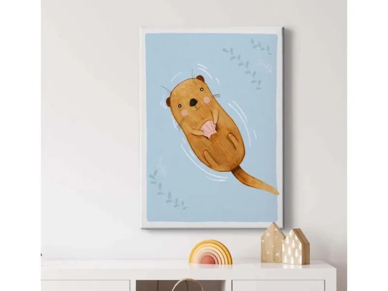 Bricoflor Tier Bild Mit Biber Kinderzimmer Wandbild In Hellblau Und Braun Für Jungen Und Mädchen Niedliches Bild Mit Otter Motiv Auf Leinwand