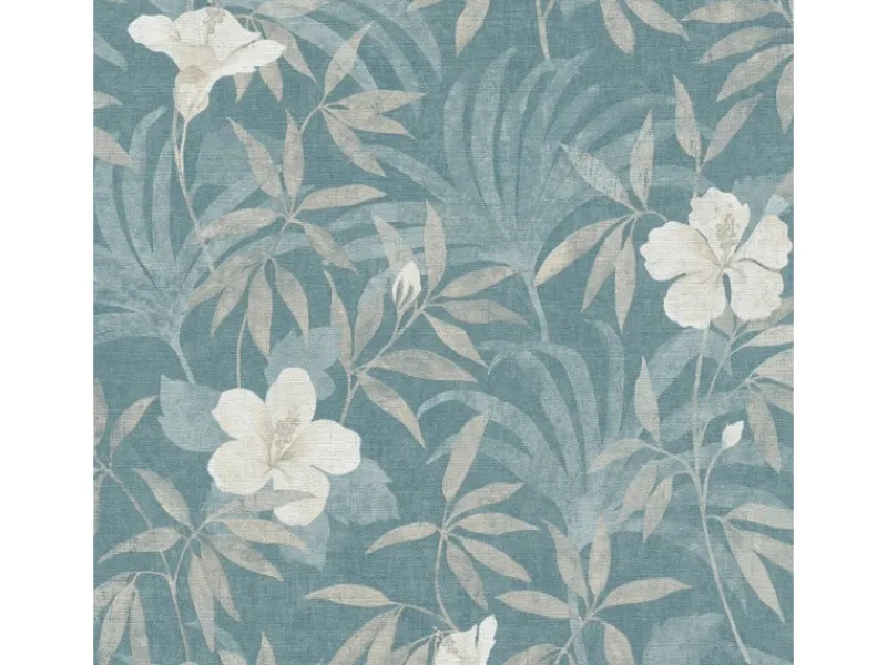 Bricoflor Tropical Tapete Floral Hibiskus Vliestapete mit Tropische Blätter Muster in Grau Blau Dschungel Wandtapete aus Vlies und Vinyl