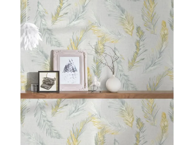 Bricoflor Vintage Feder Tapete Leinen Federtapete aus Vlies und Vinyl Hellgrau Gold Muster Vliestapete mit Federn Ideal für Schlafzimmer und Esszimmer