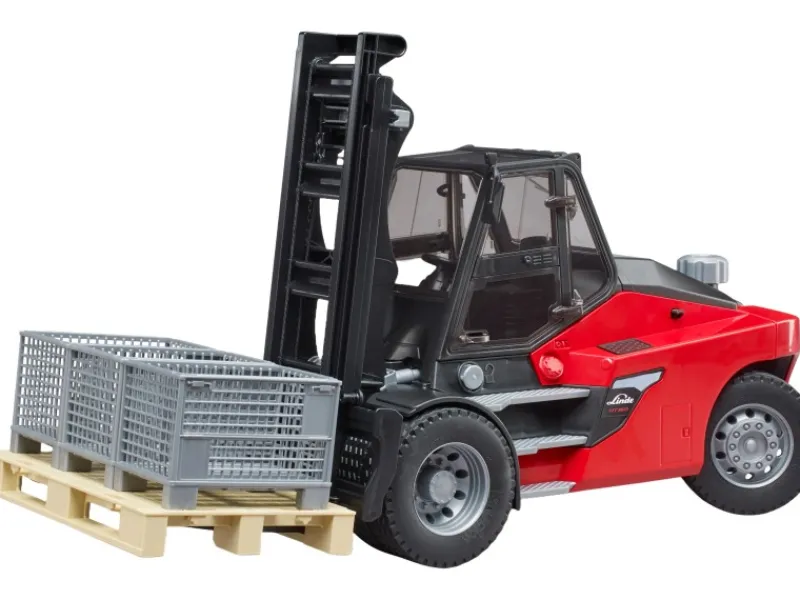 Bruder Spielzeug Linde HT160D Stapler mit Palette und 3 Gitterboxen