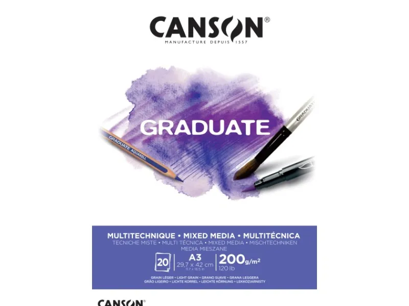 CANSON Graduate Mixed Media Papier Leichte Körnung A3 Hellweiß 20 Blatt
