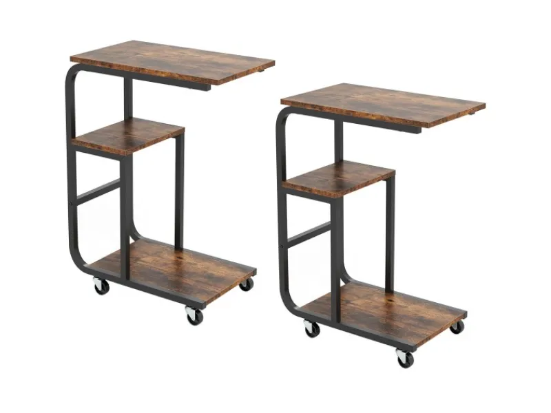 Costway Beistelltisch 2er Set Sofatisch mit Rollen C-Form Kaffeetisch