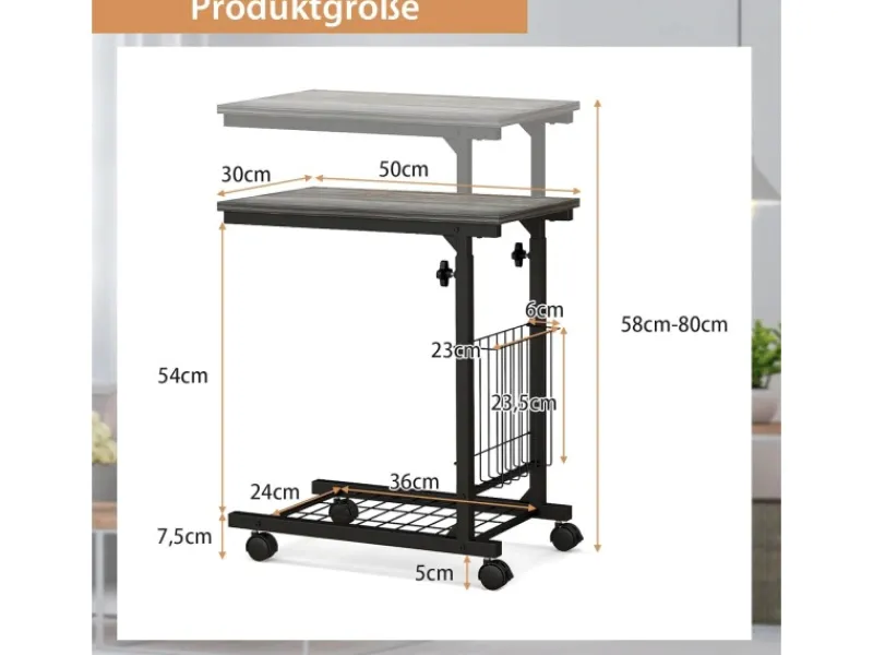 Best Costway Beistelltisch mit Rollen Laptoptisch Höhenverstellbar Grau